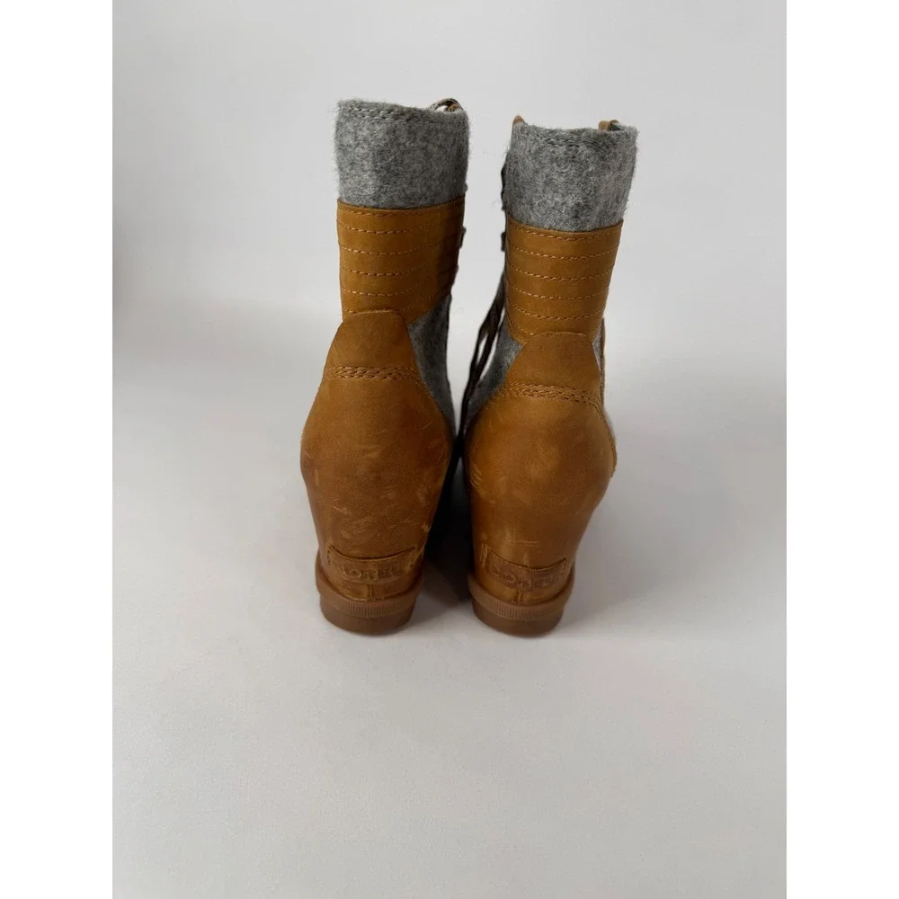 Sorel Lexie Wedge Boots Tan‎ Grey Leather Felt Lace Up NL3376-224 Womens 9